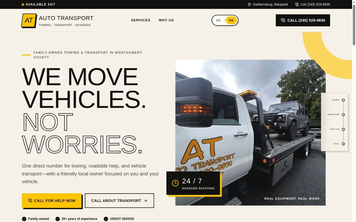 AT Auto Transport website showing its phone-first towing and roadside assistance experience