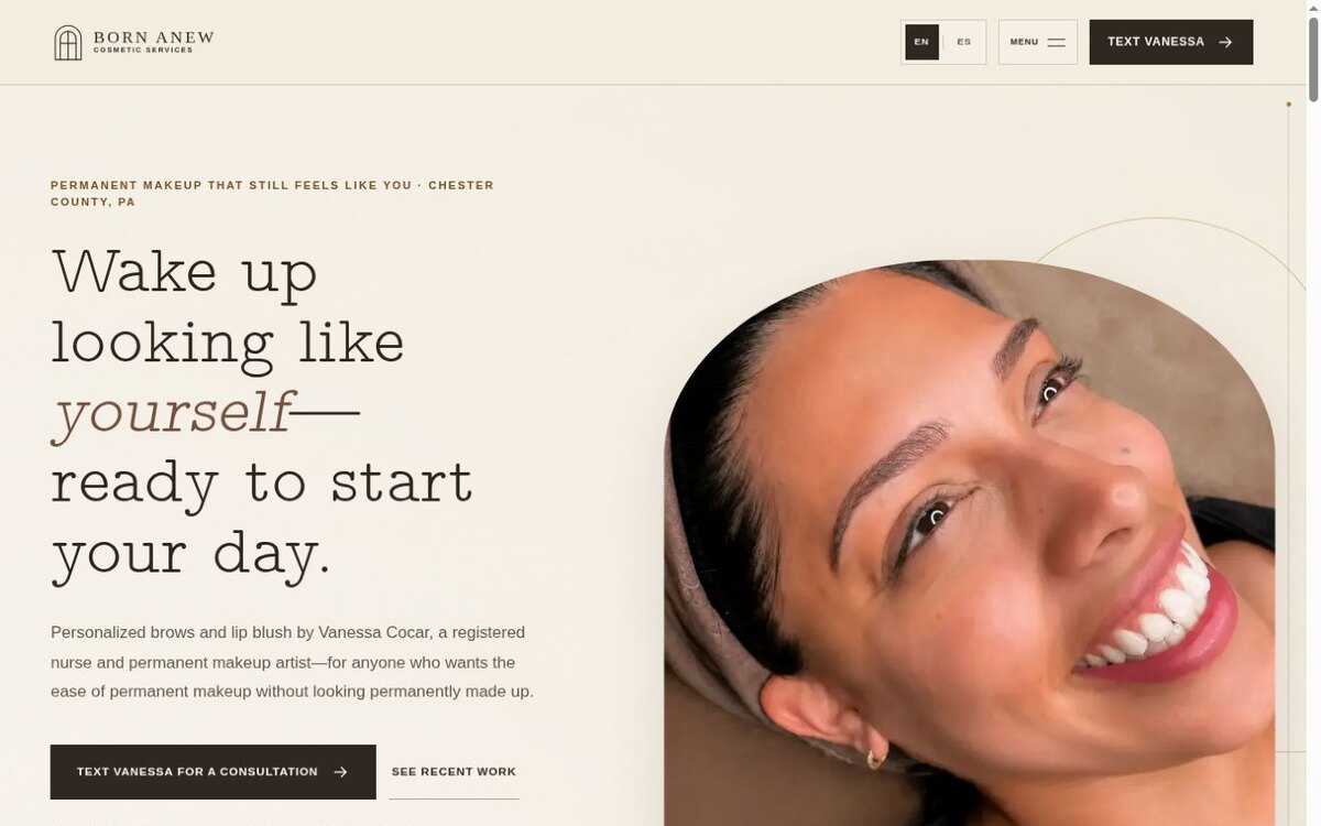 Born Anew website presenting natural permanent makeup services with a real client image and direct text inquiry