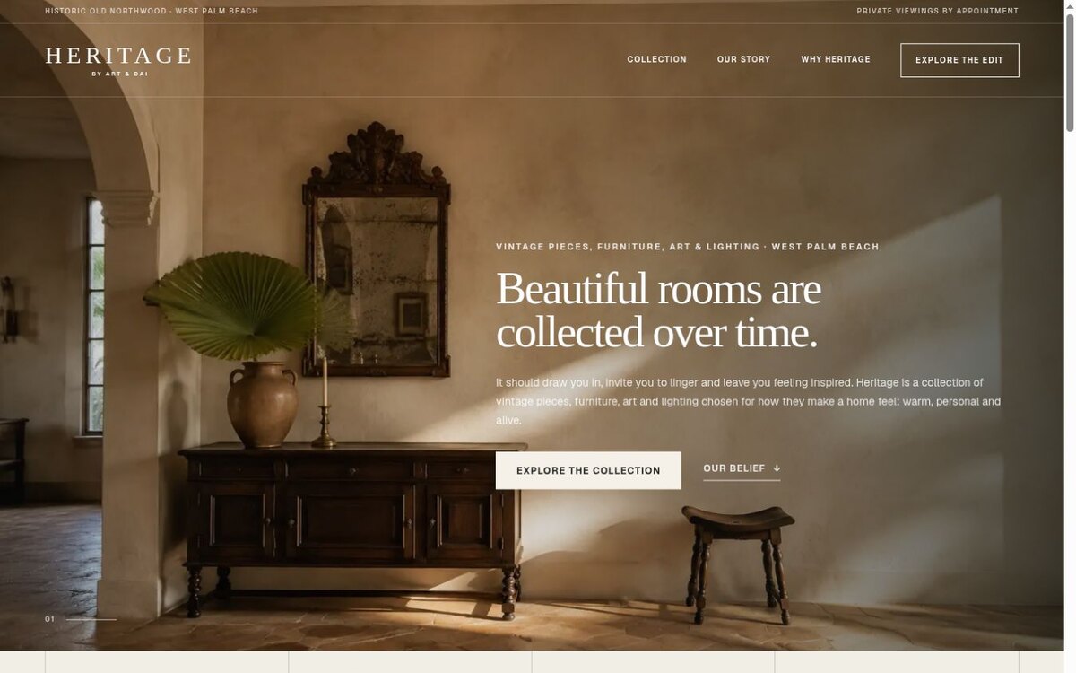 Heritage by Art and Dai website presenting vintage furniture in an editorial interior setting